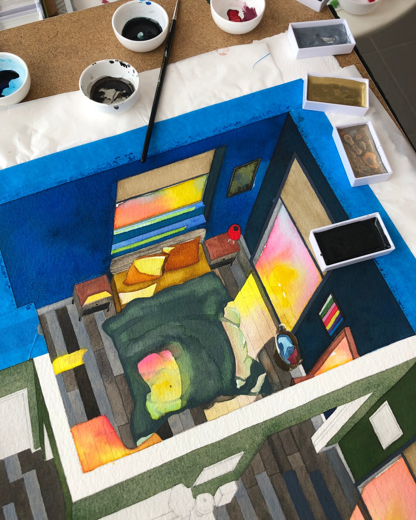 Original watercolor of Adam's flat in ALL OF US STRANGERS