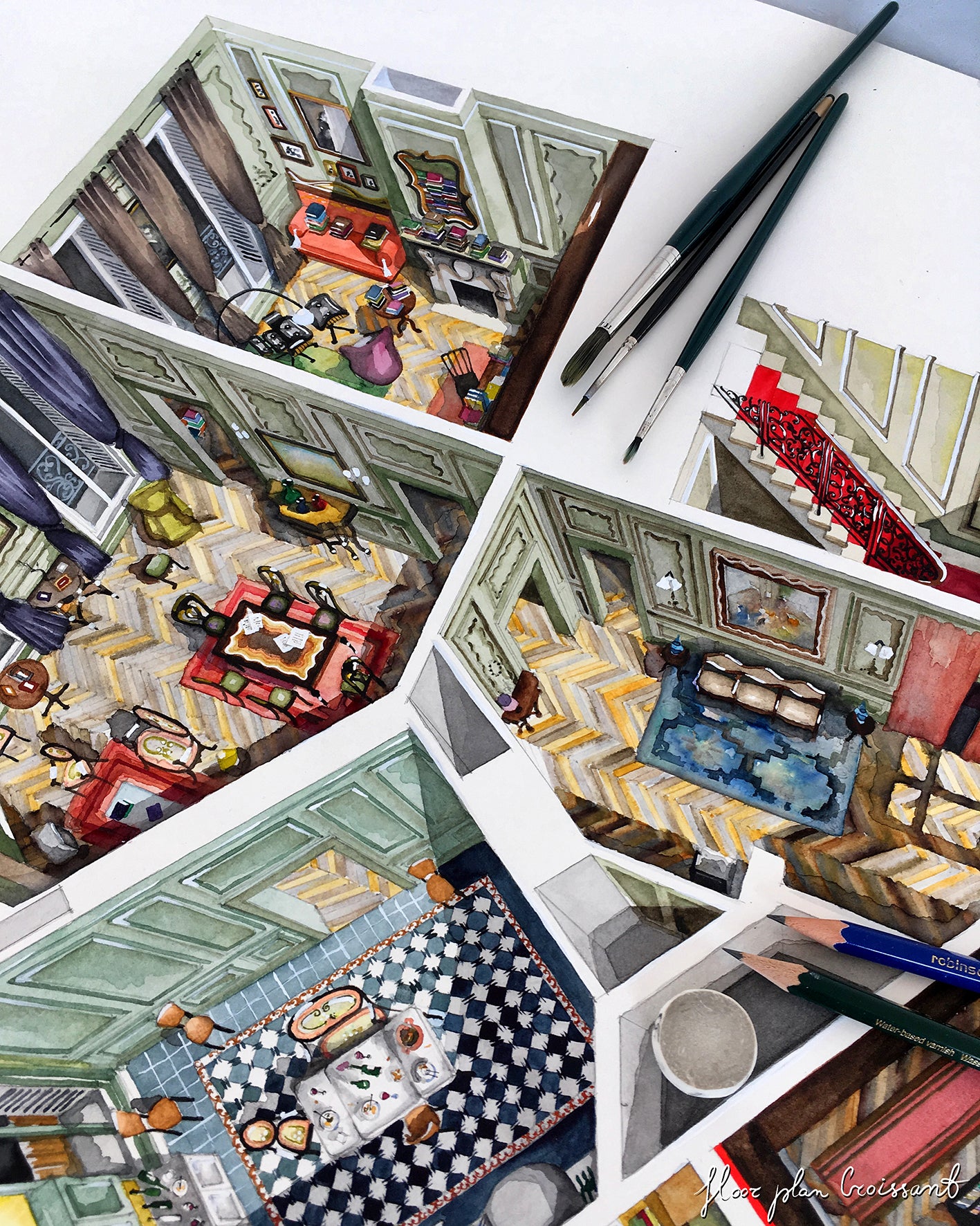 Original watercolor of the apartment in THE DREAMERS
