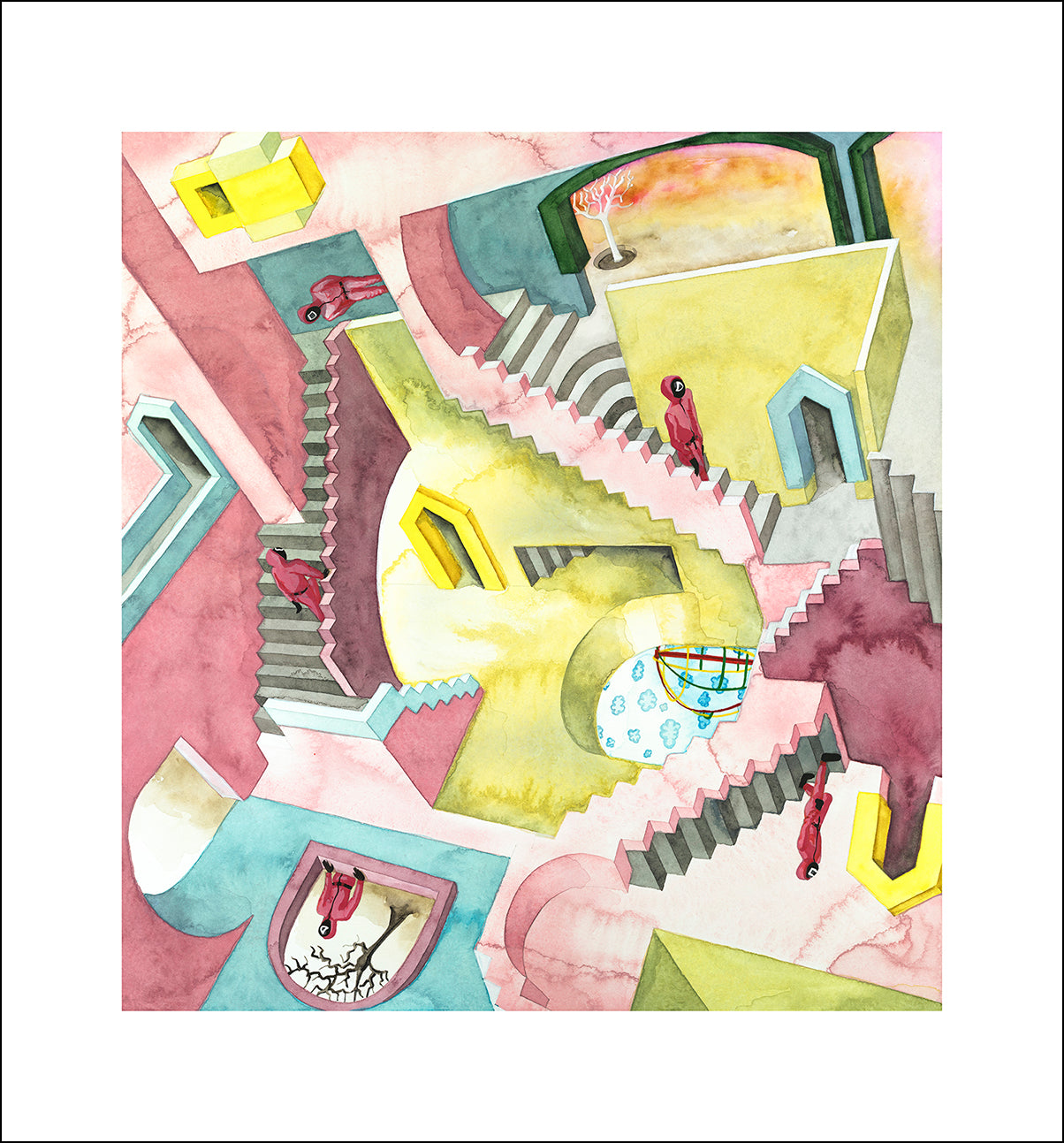 Original watercolor of the stairs labyrinth in SQUID GAME