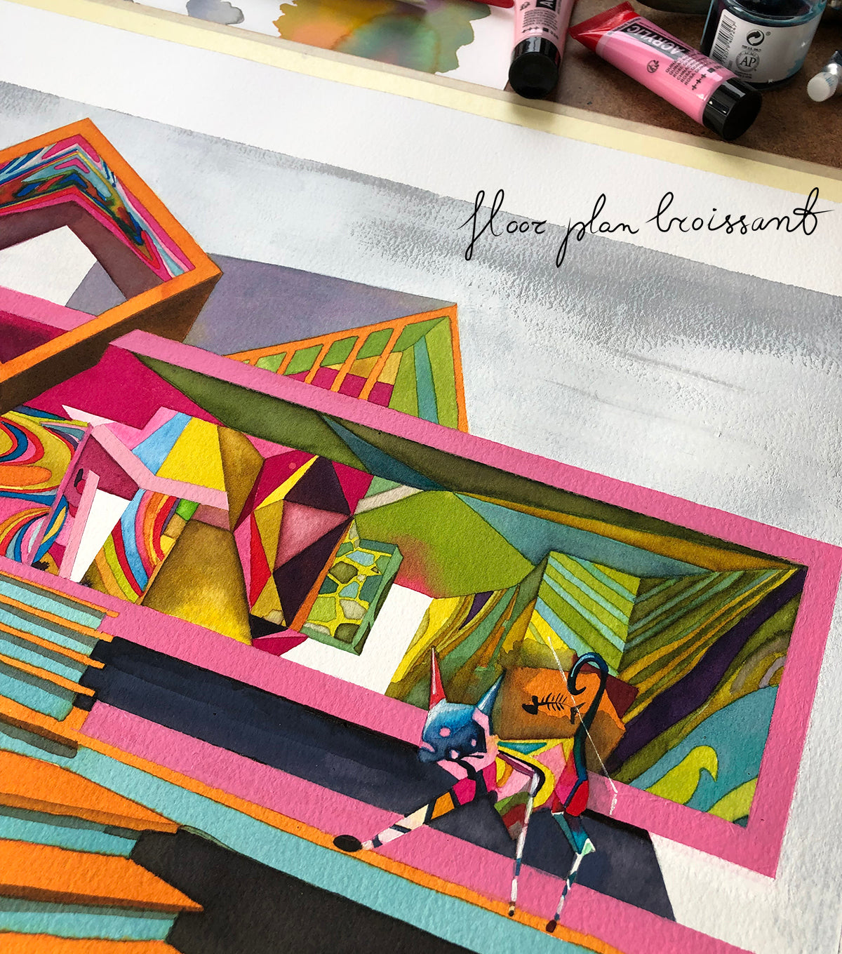 Original watercolor of the Weird Barbie House