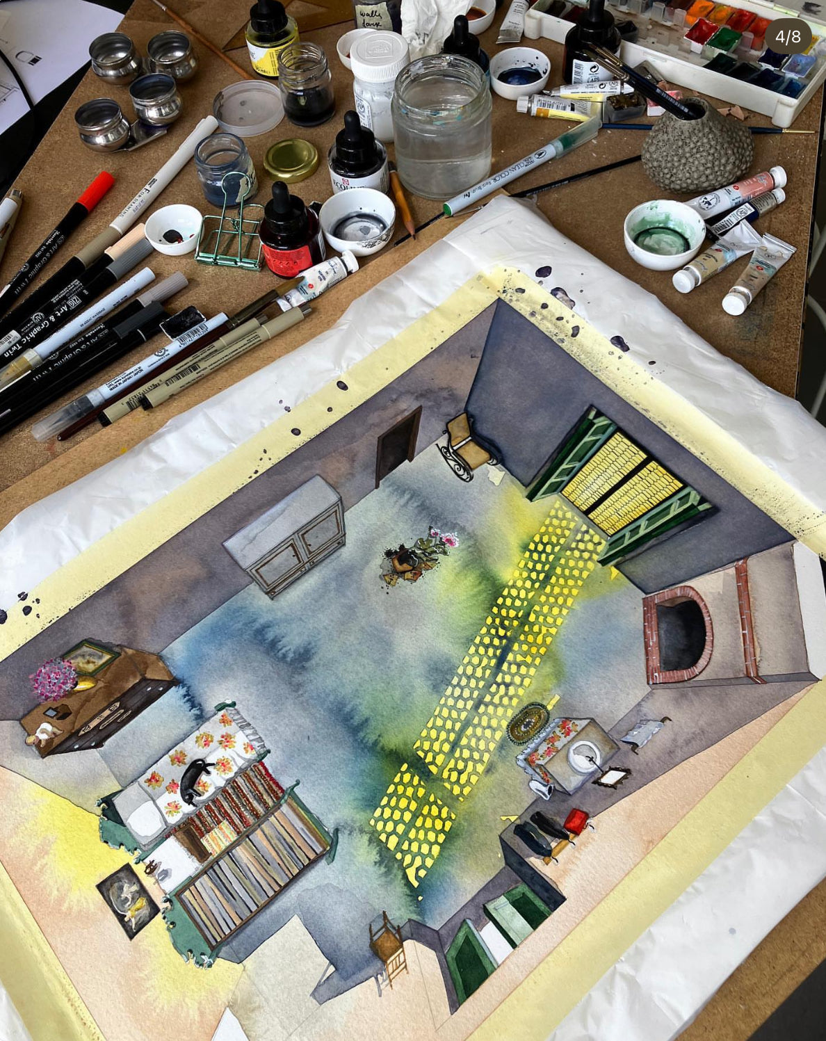 Original watercolor of the sisters' bedroom in THE SPIRIT OF THE BEEHIVE