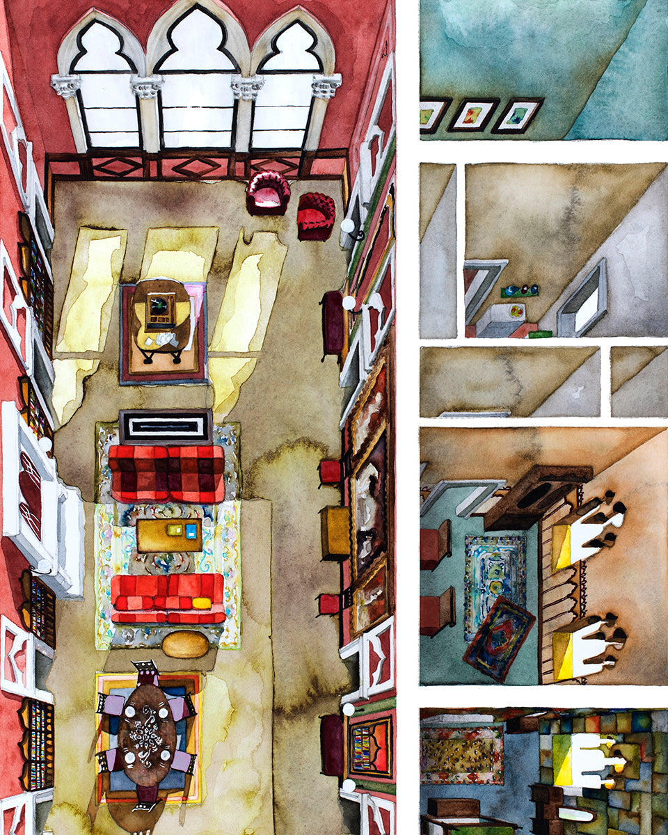 Original watercolor of the Venice apartment in COMFORT OF STRANGERS