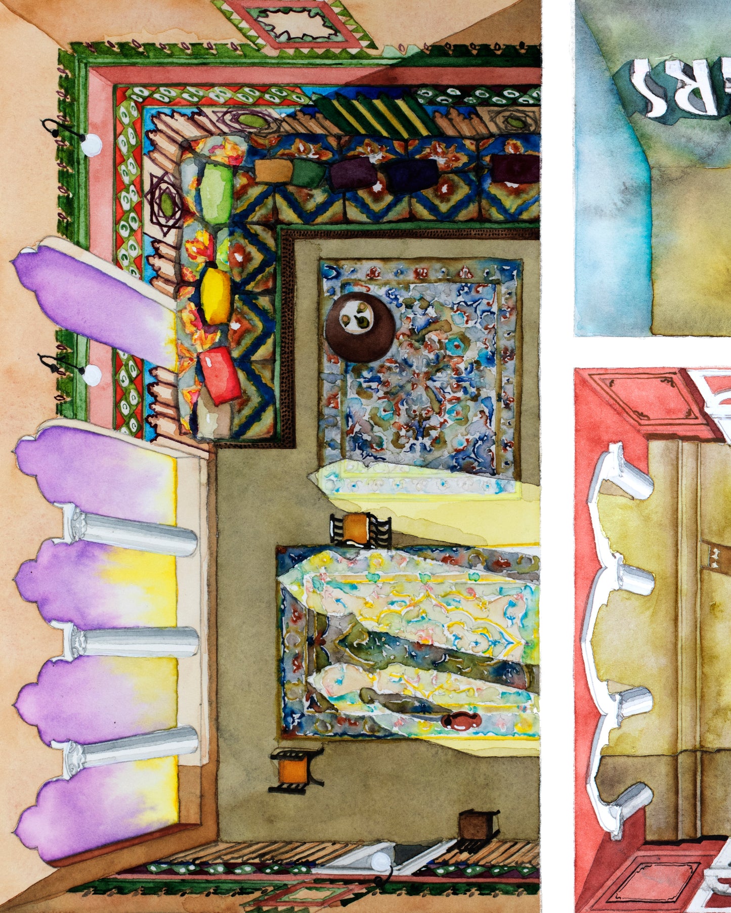 Original watercolor of the Venice apartment in COMFORT OF STRANGERS