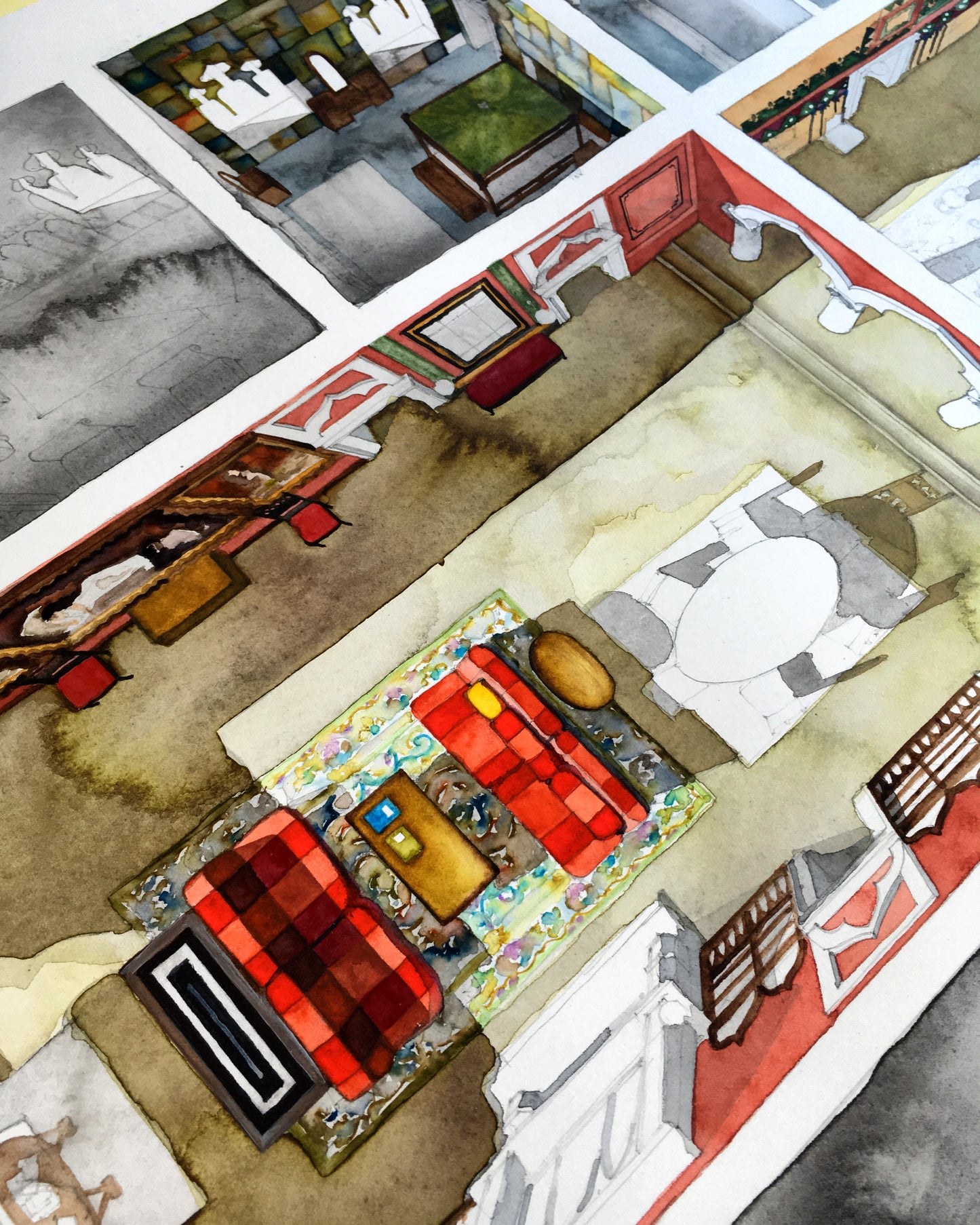 Original watercolor of the Venice apartment in COMFORT OF STRANGERS