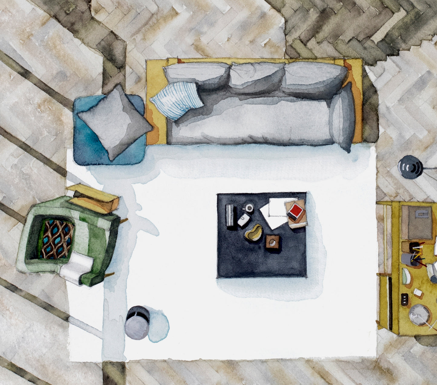 Original watercolor of the Tokyo living room in DRIVE MY CAR
