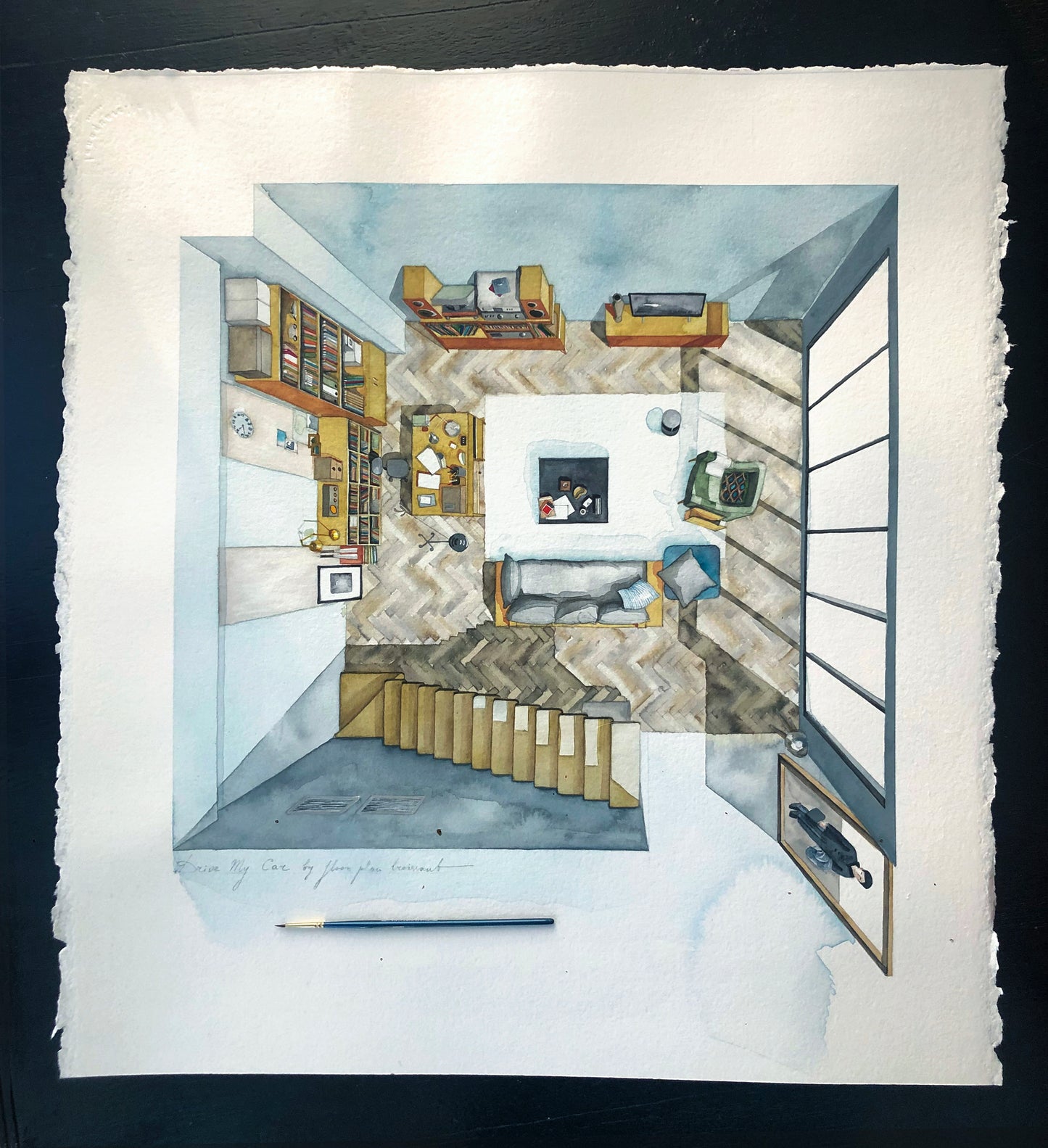 Original watercolor of the Tokyo living room in DRIVE MY CAR