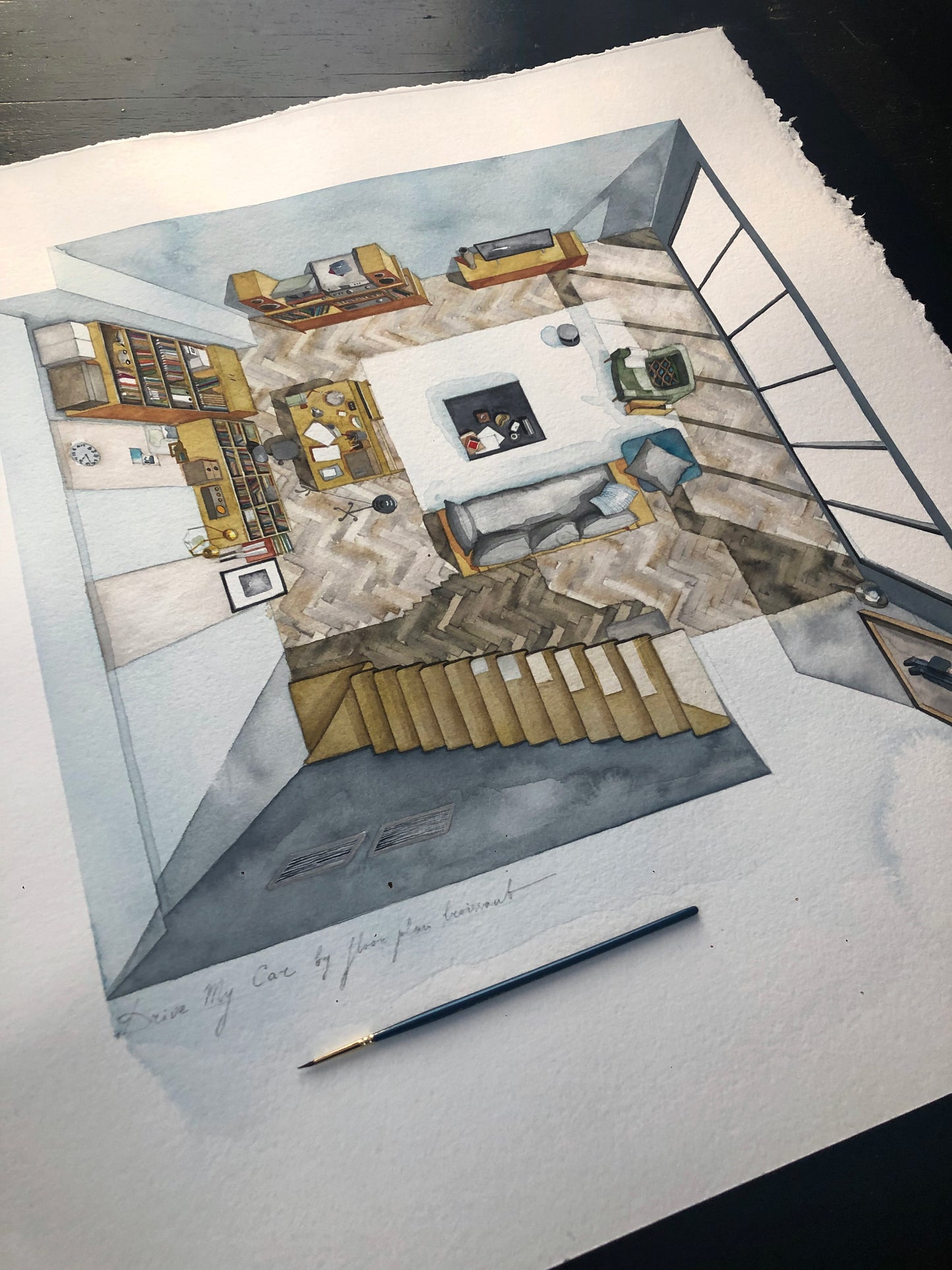 Original watercolor of the Tokyo living room in DRIVE MY CAR