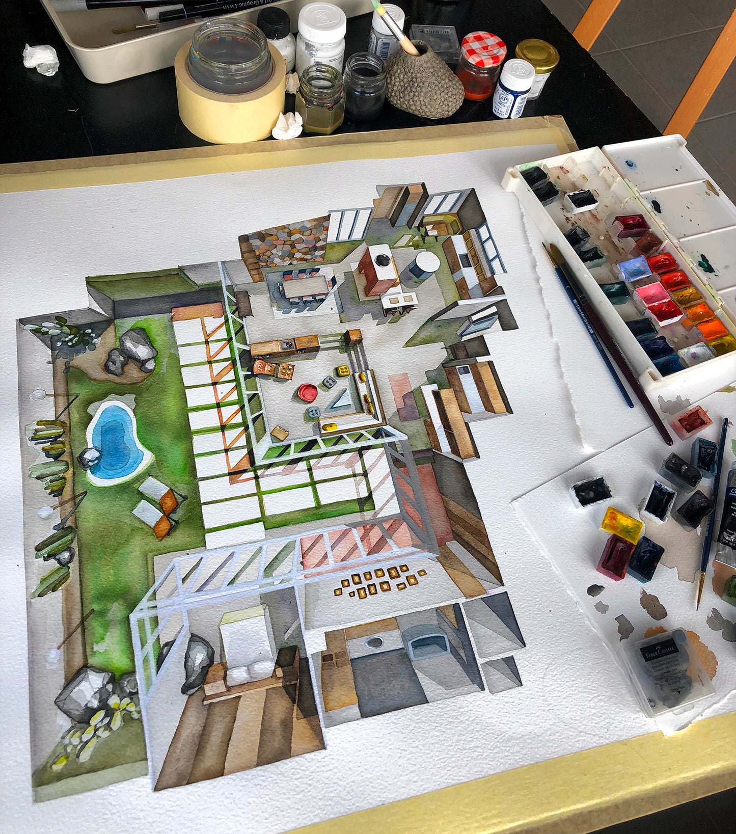 Original watercolor of the house in DON'T WORRY DARLING