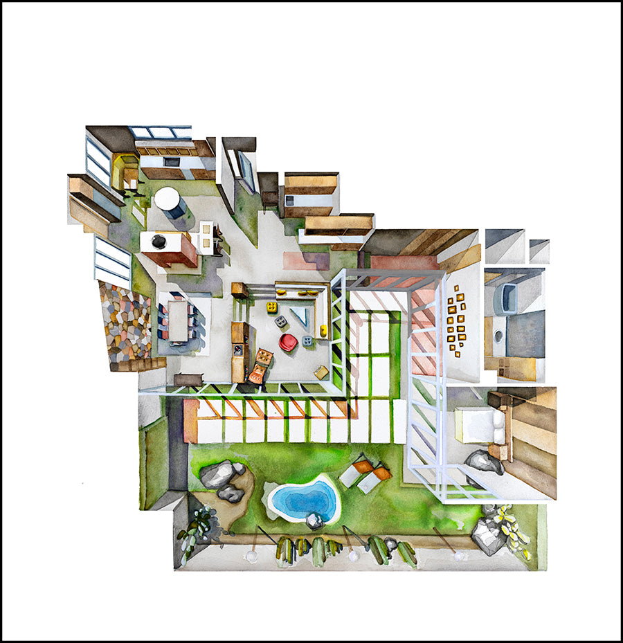 Original watercolor of the house in DON'T WORRY DARLING