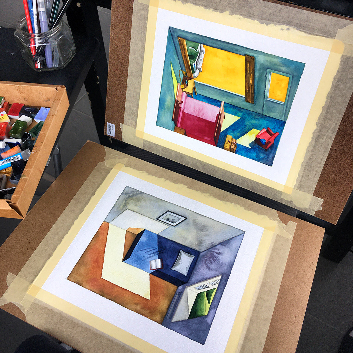 Original watercolors of EDWARD HOPPER-based interiors in the film Shirley: Visions of Reality