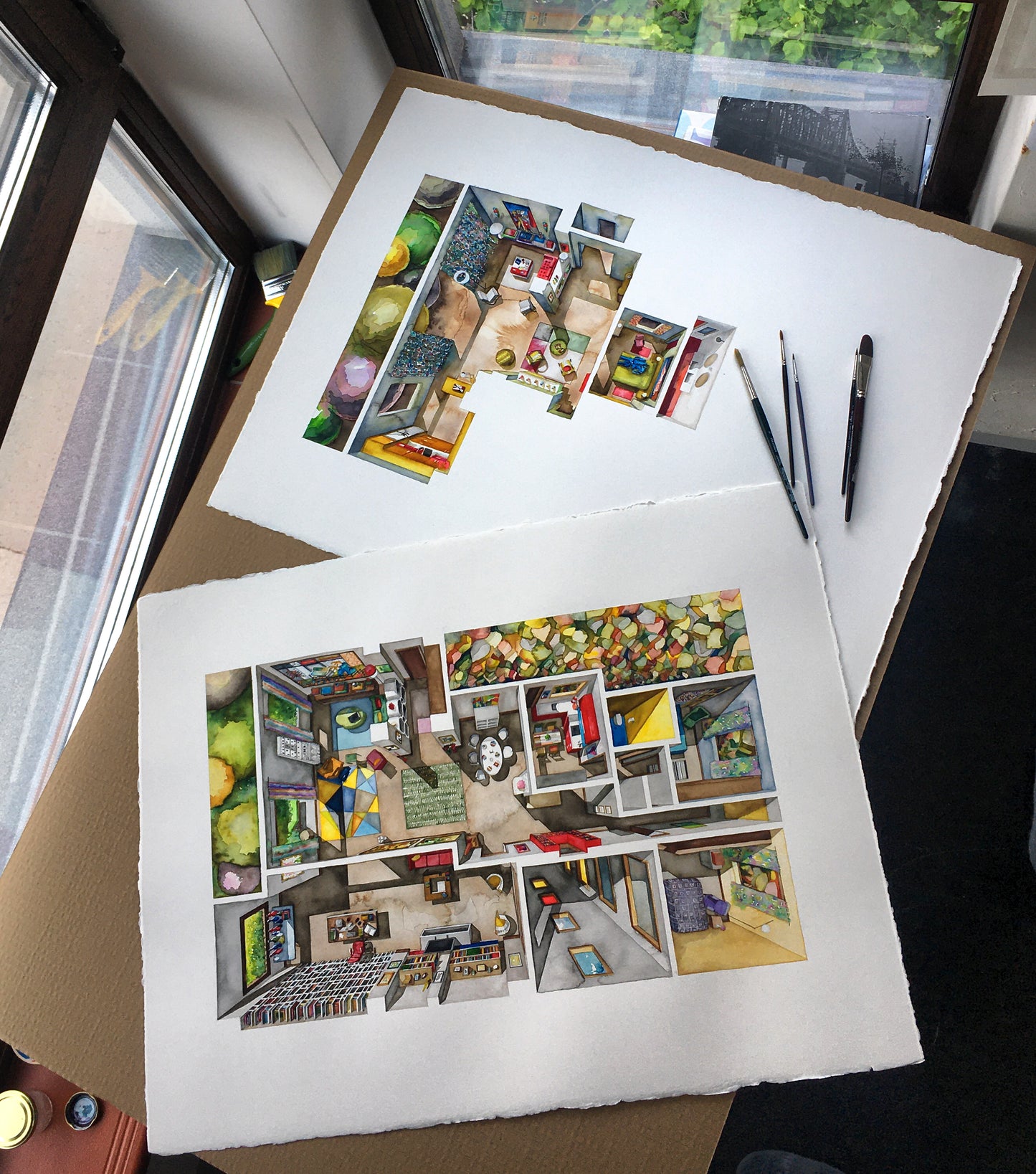 Original watercolors of the apartments in PAIN AND GLORY and THE HUMAN VOICE