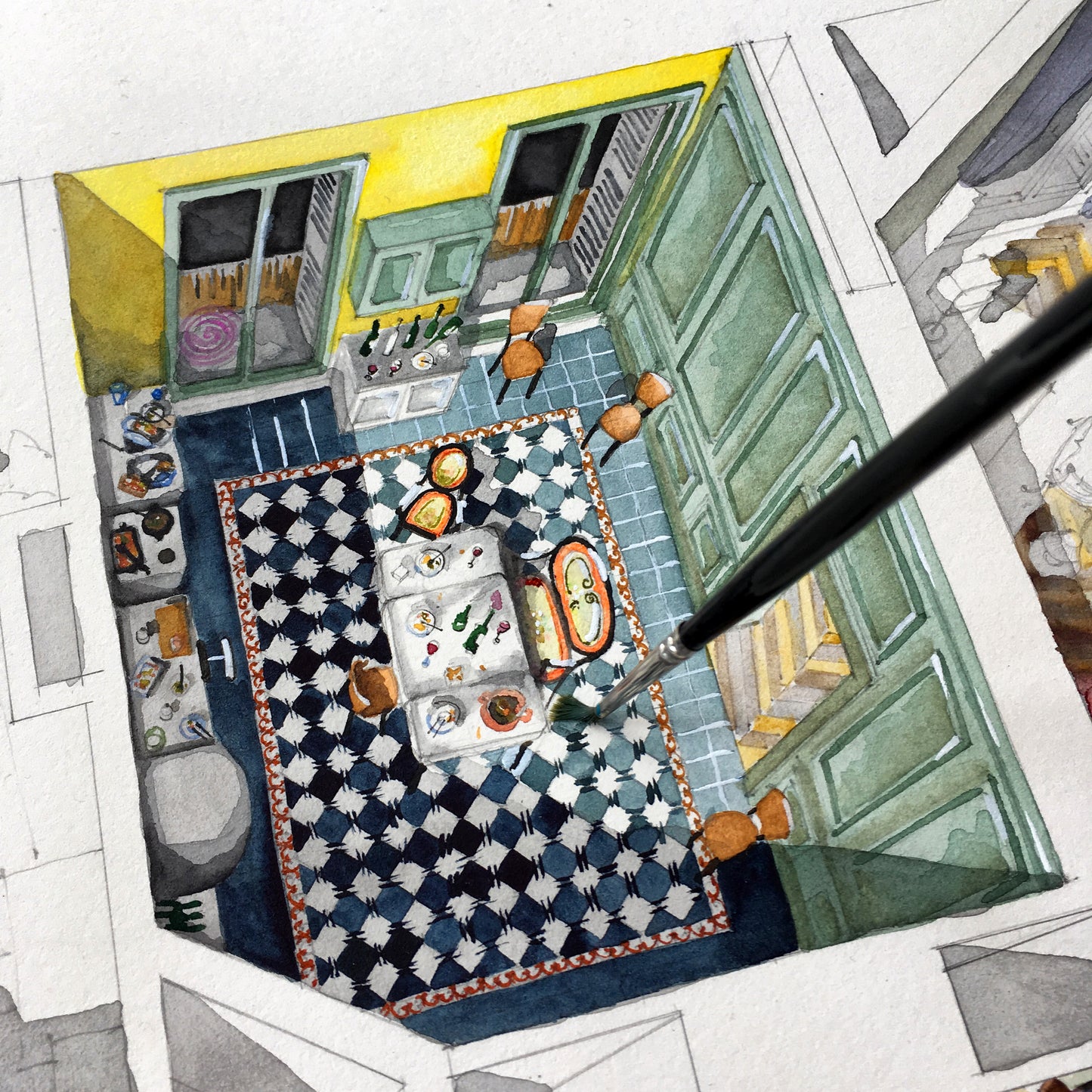 Original watercolor of the apartment in THE DREAMERS