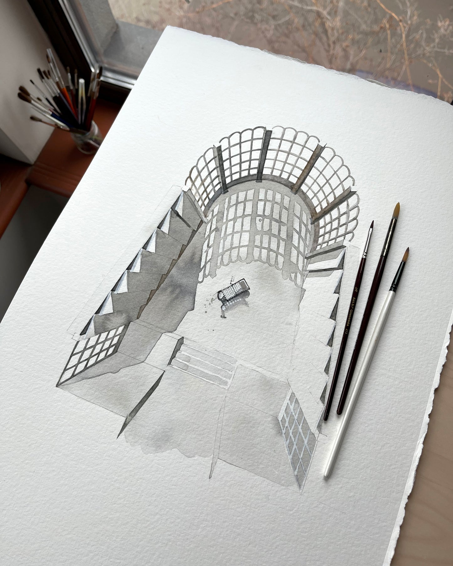 Original watercolor sketch of the library in THE BRUTALIST