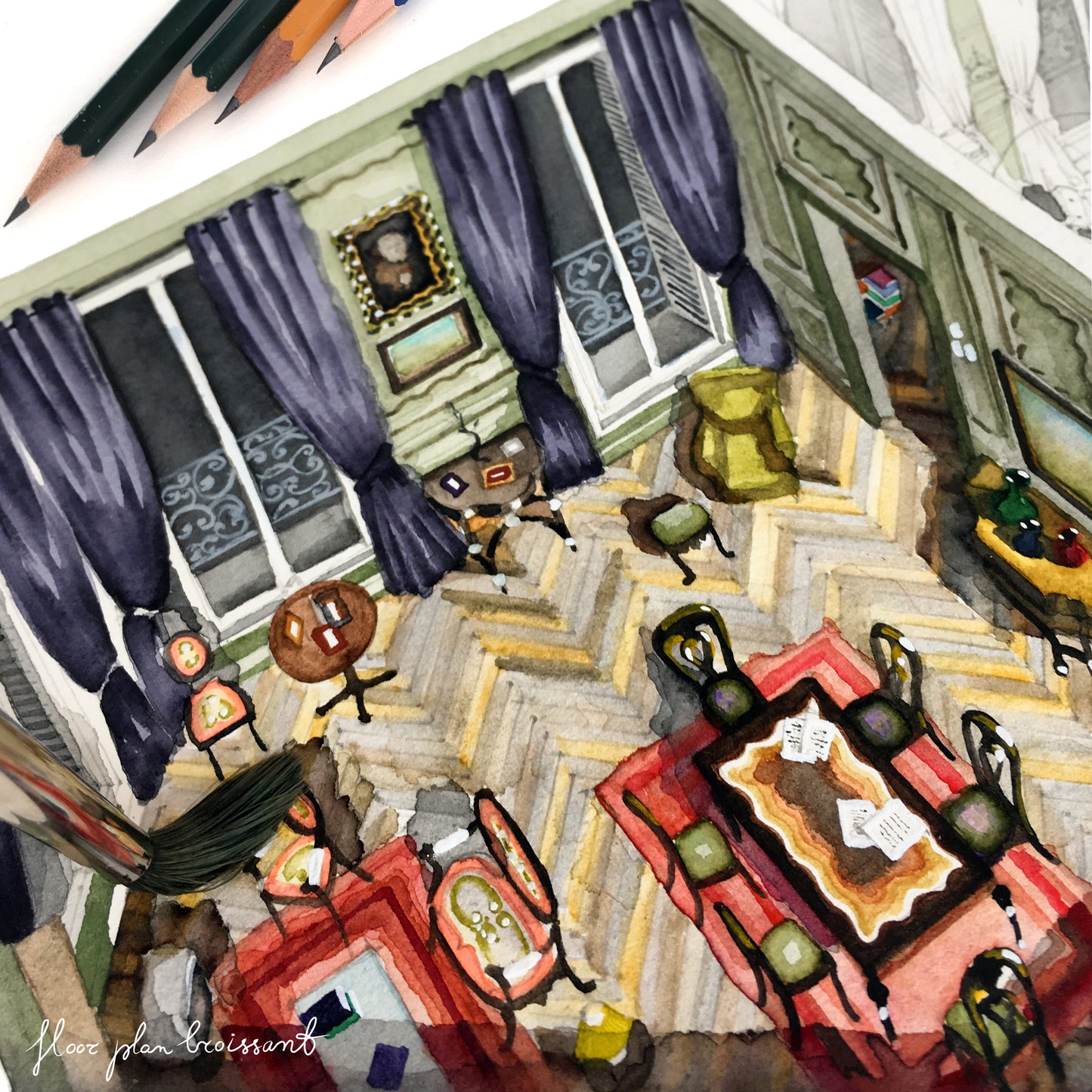 Original watercolor of the apartment in THE DREAMERS