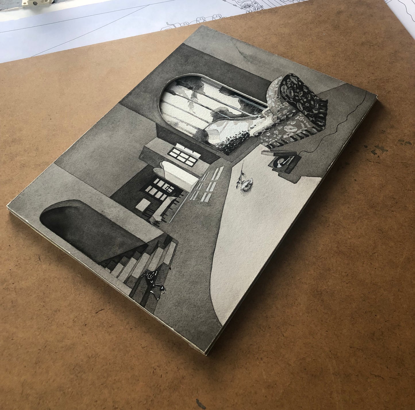 Original watercolor of the apartment in MESHES OF THE AFTERNOON