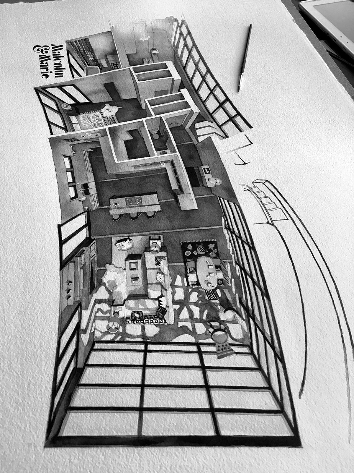Original watercolor of the glass house in Malcolm & Marie