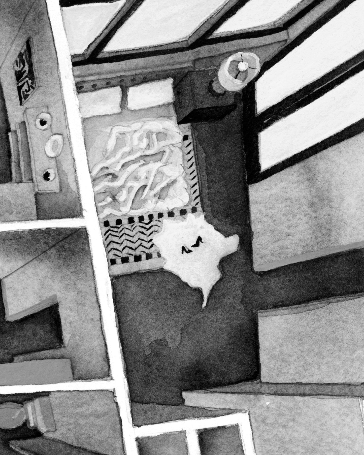 Original watercolor of the glass house in Malcolm & Marie
