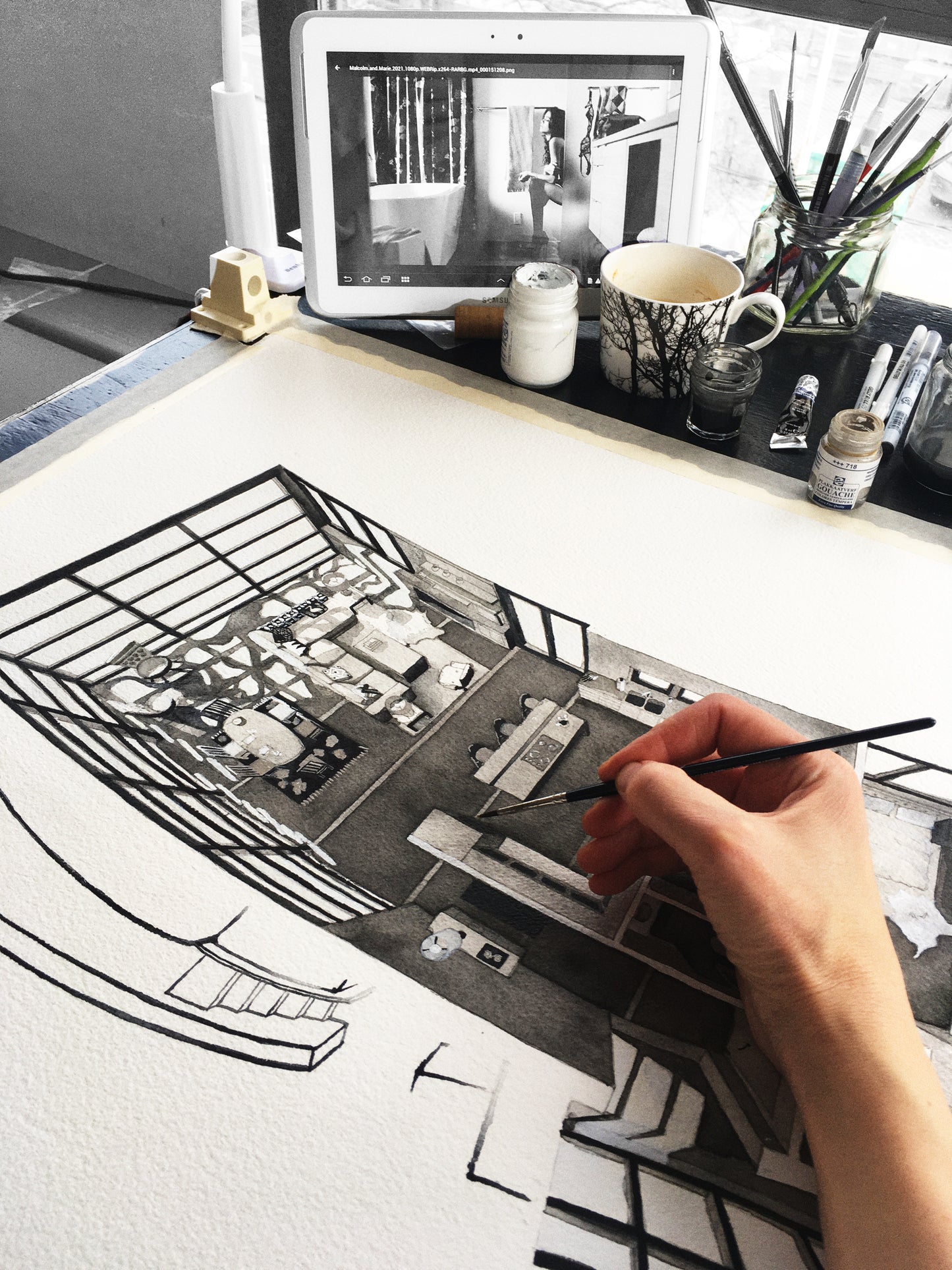 Original watercolor of the glass house in Malcolm & Marie