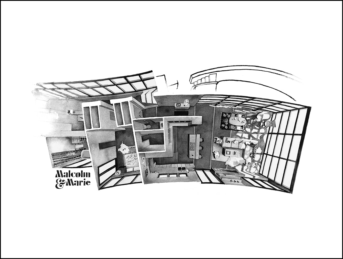 Original watercolor of the glass house in Malcolm & Marie