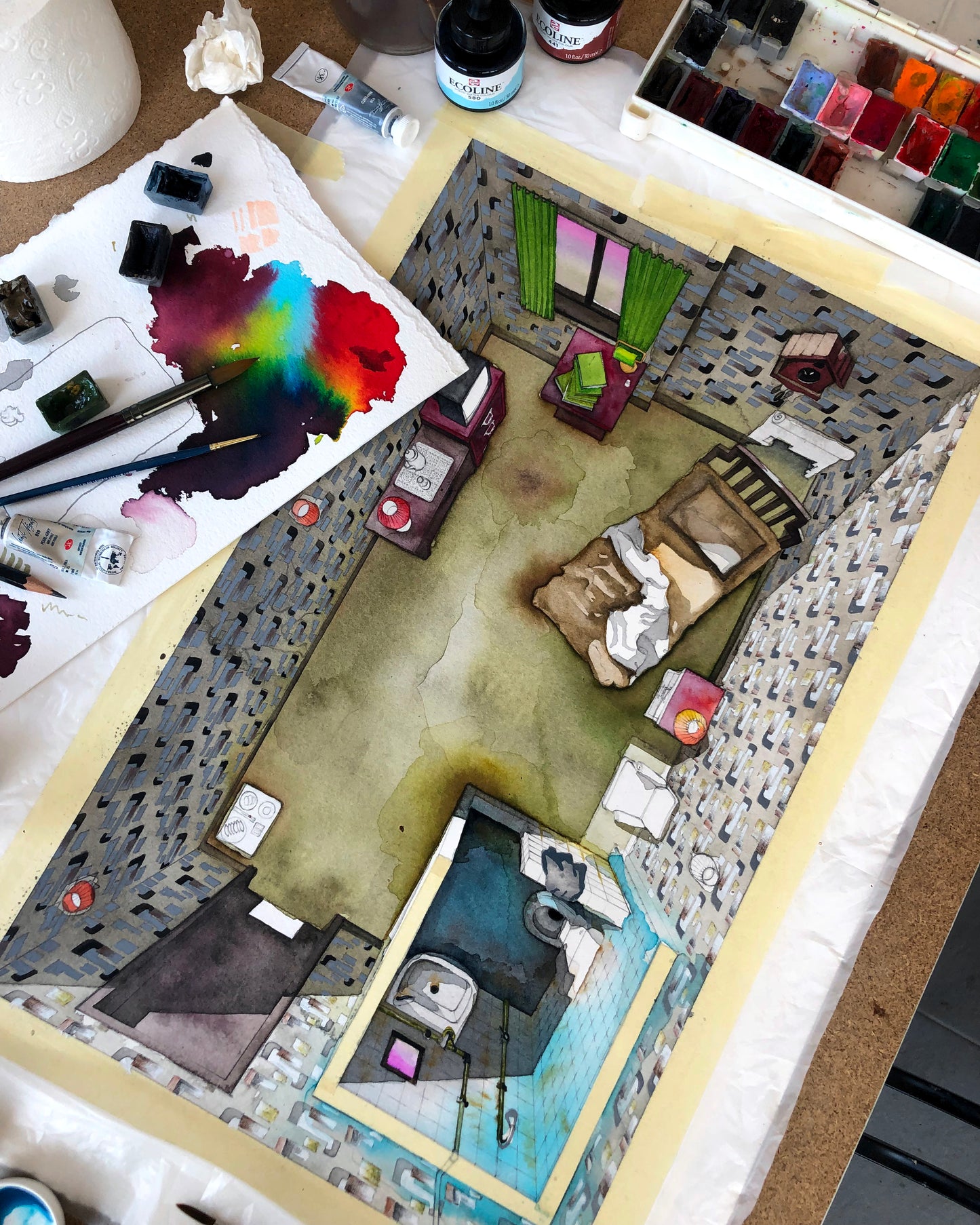 Original watercolor of the prison cell in OLDBOY
