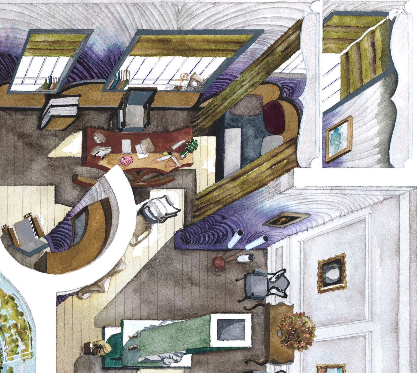 Original watercolor of the London house in POOR THINGS