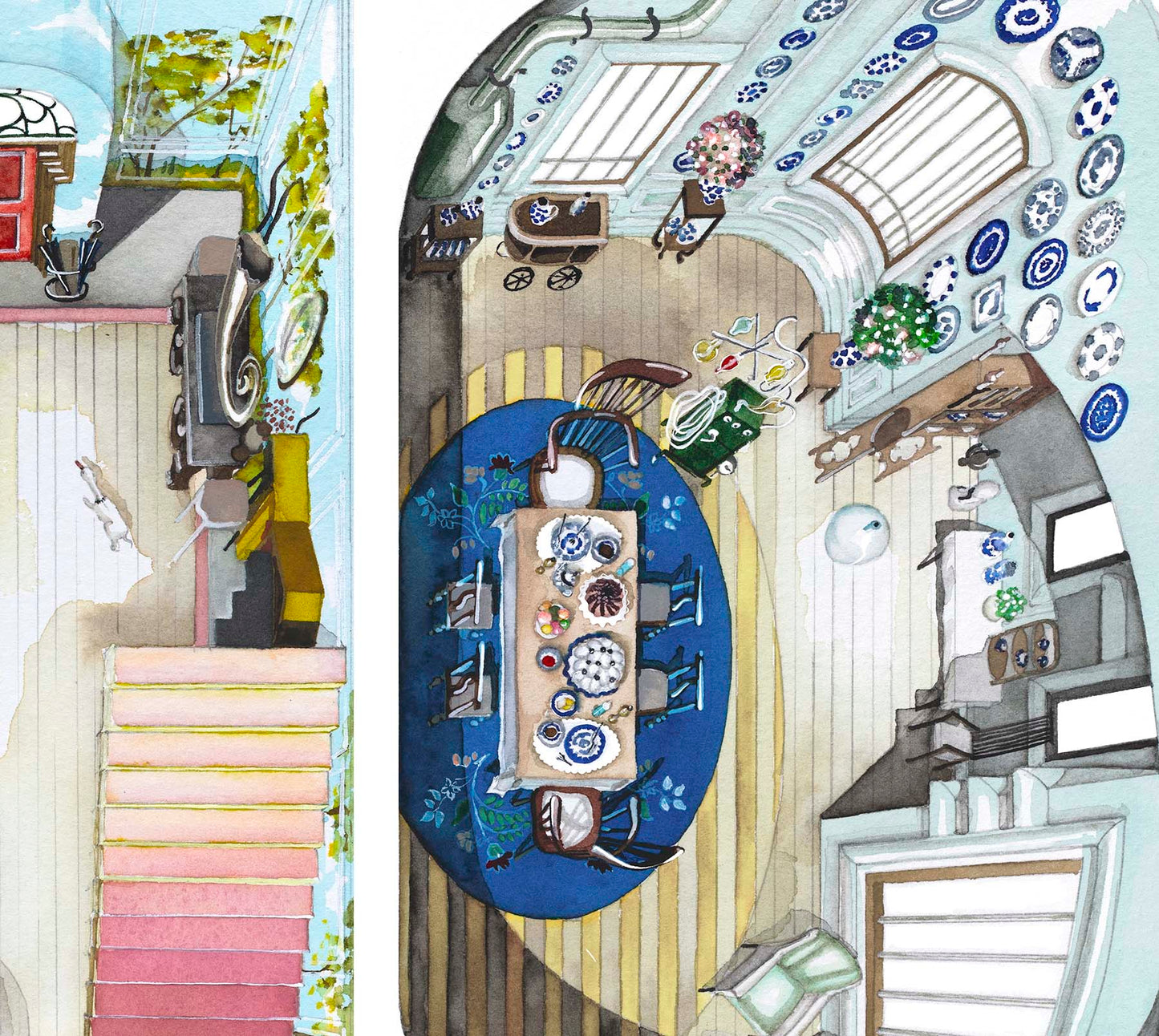 Original watercolor of the London house in POOR THINGS