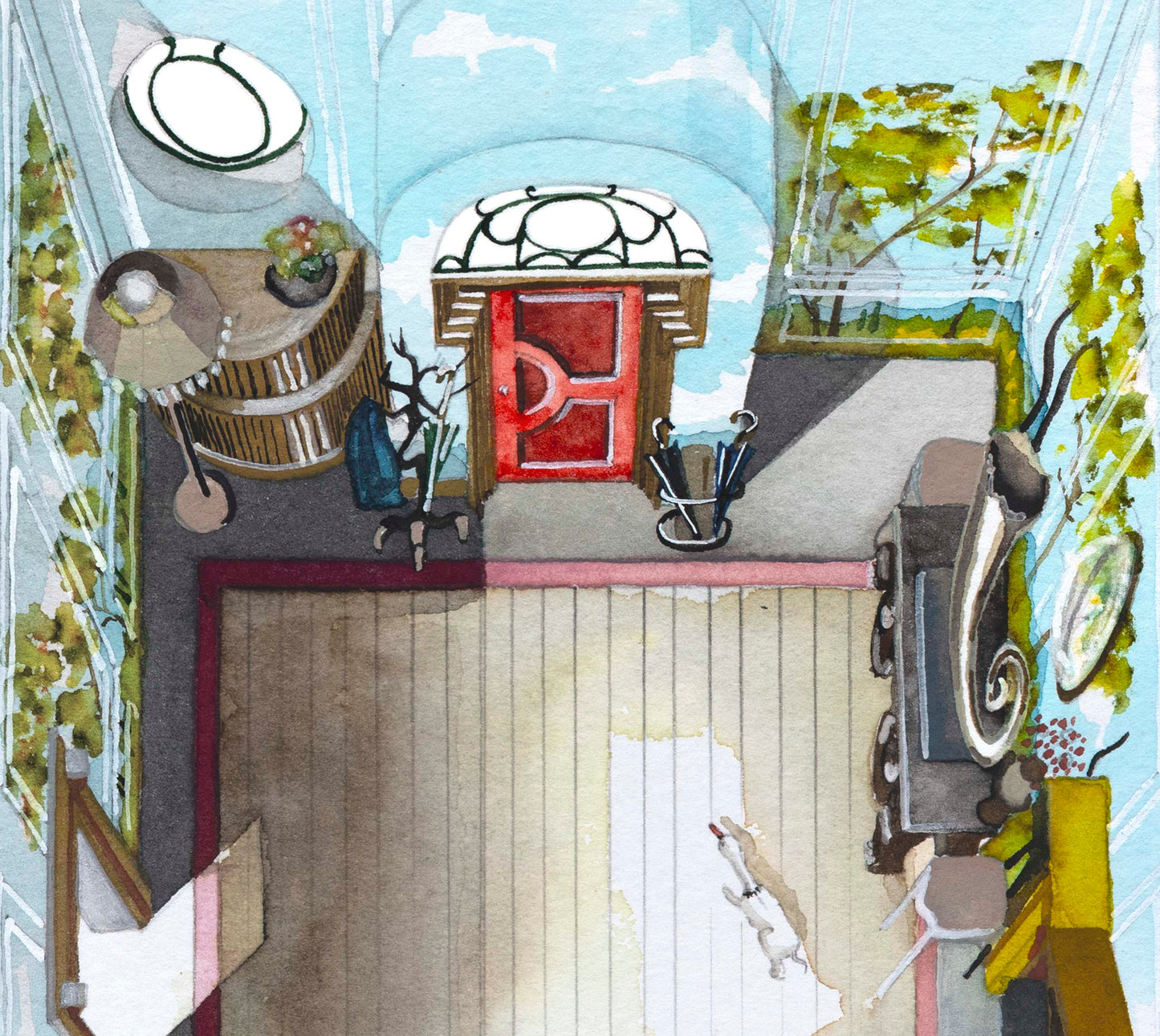 Original watercolor of the London house in POOR THINGS