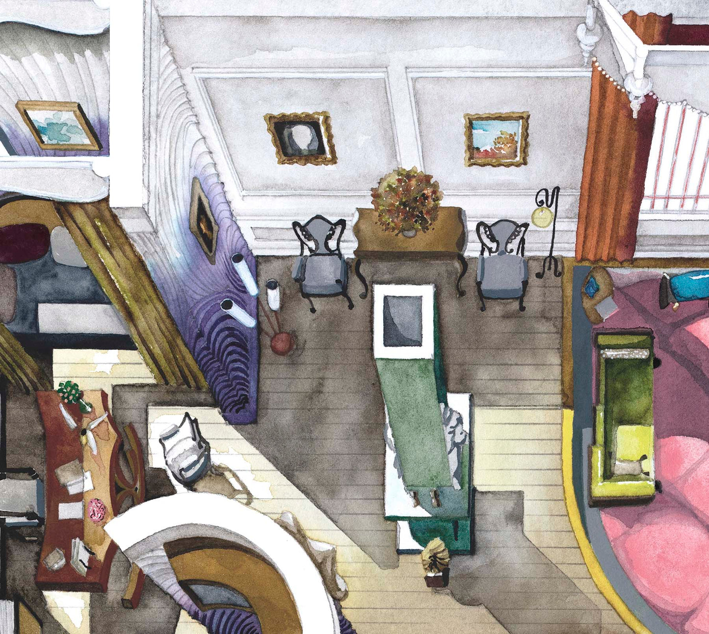 Original watercolor of the London house in POOR THINGS