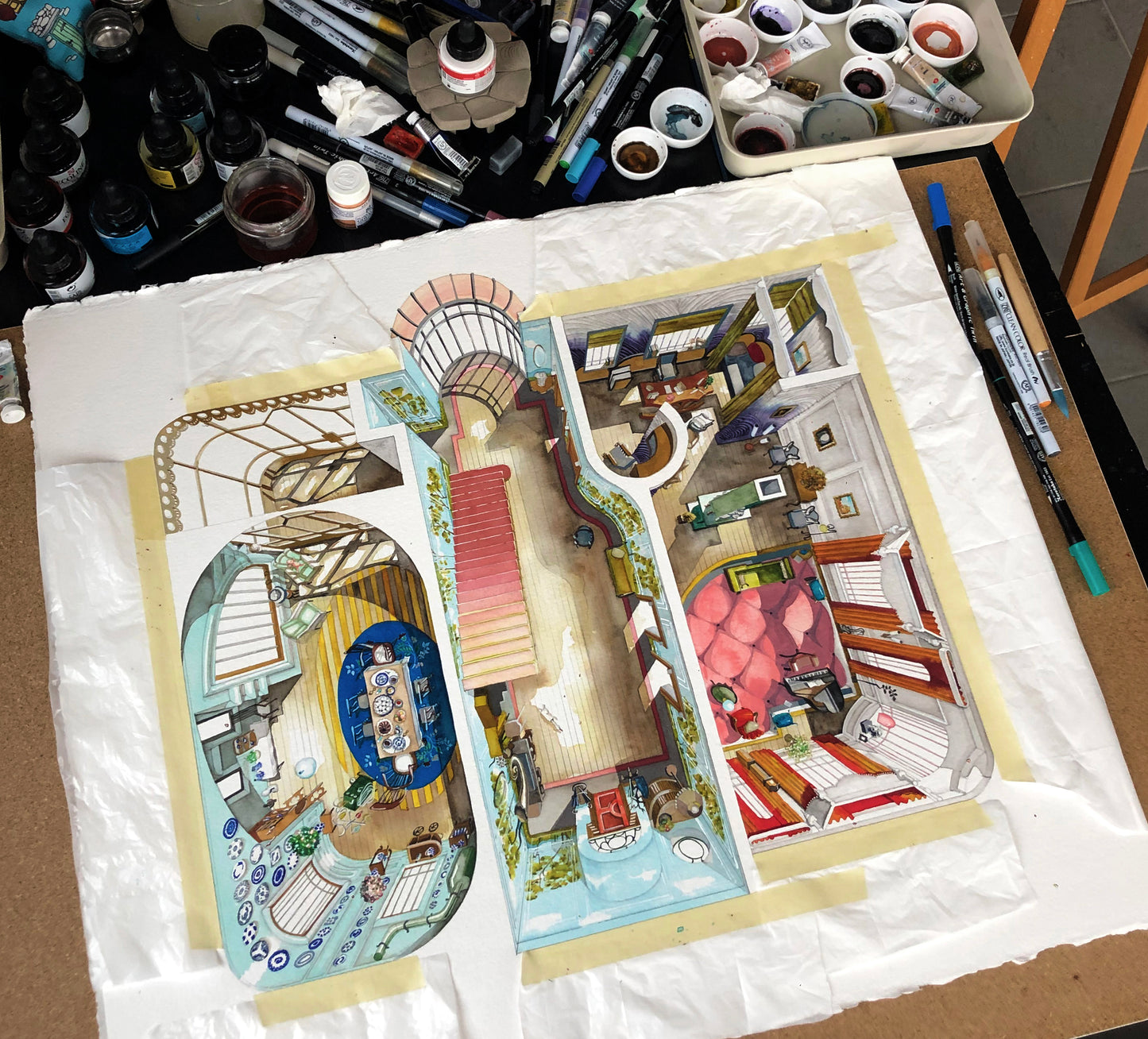 Original watercolor of the London house in POOR THINGS