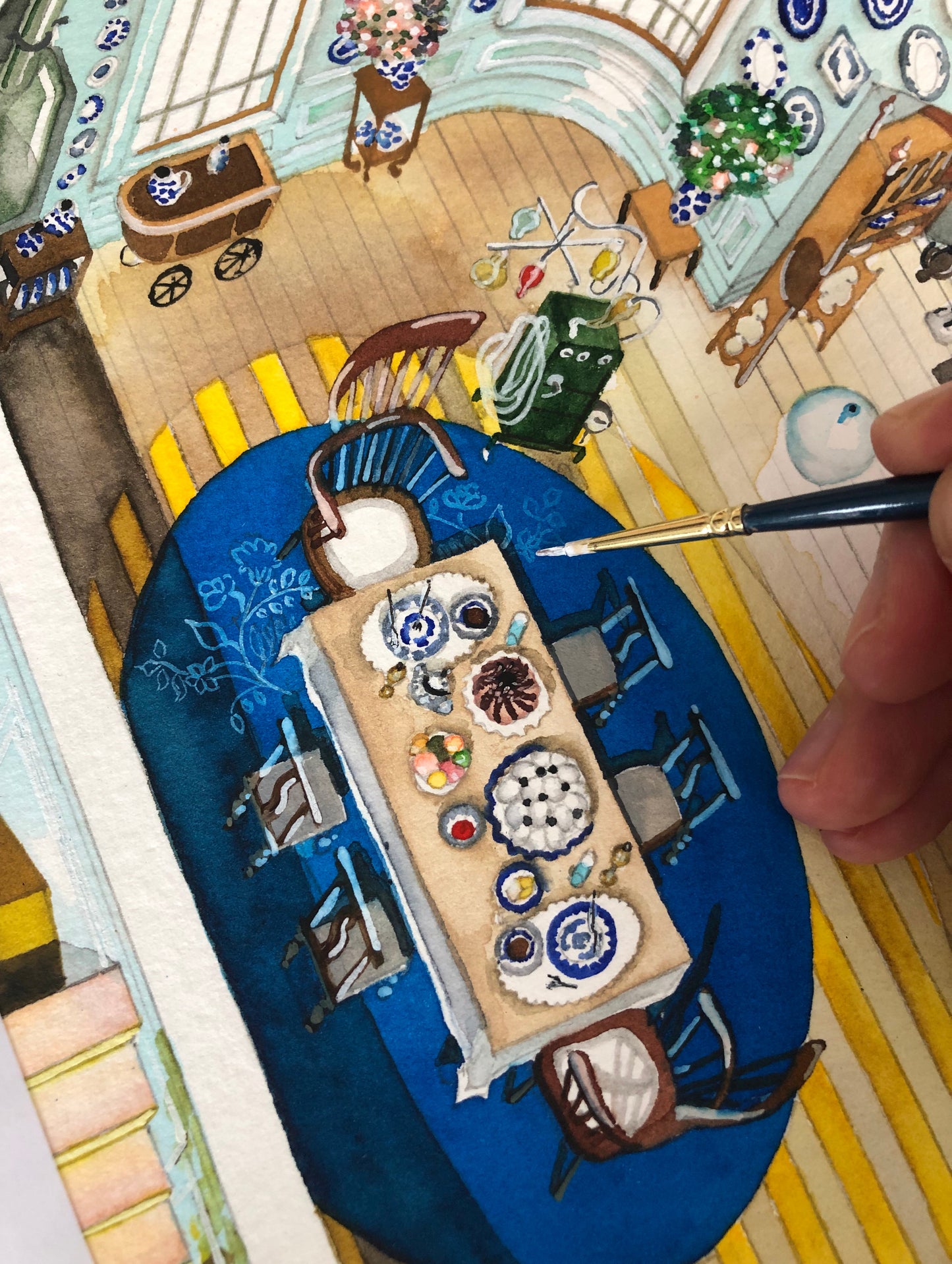 Original watercolor of the London house in POOR THINGS