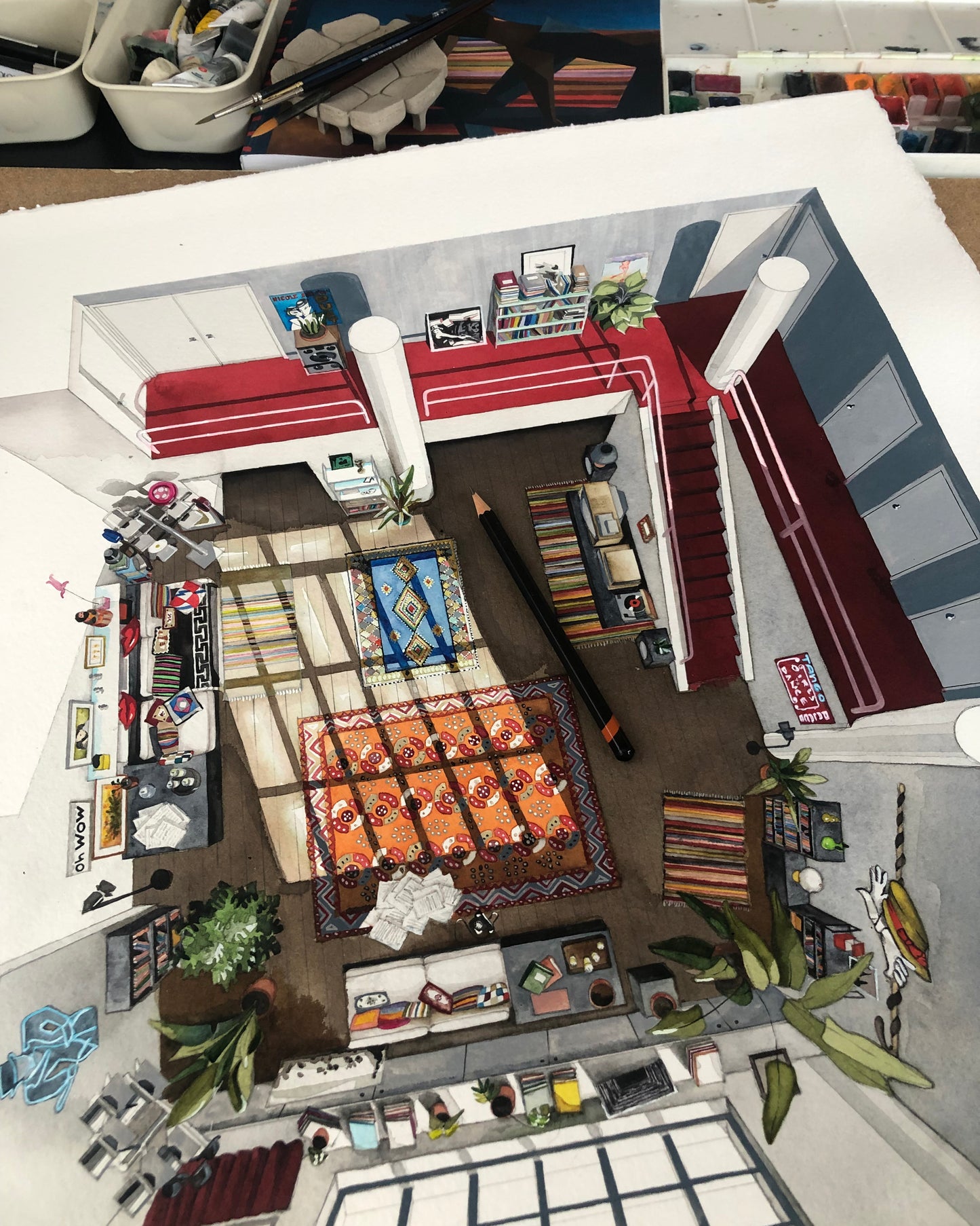 Original watercolor of the apartment in ALL THAT JAZZ