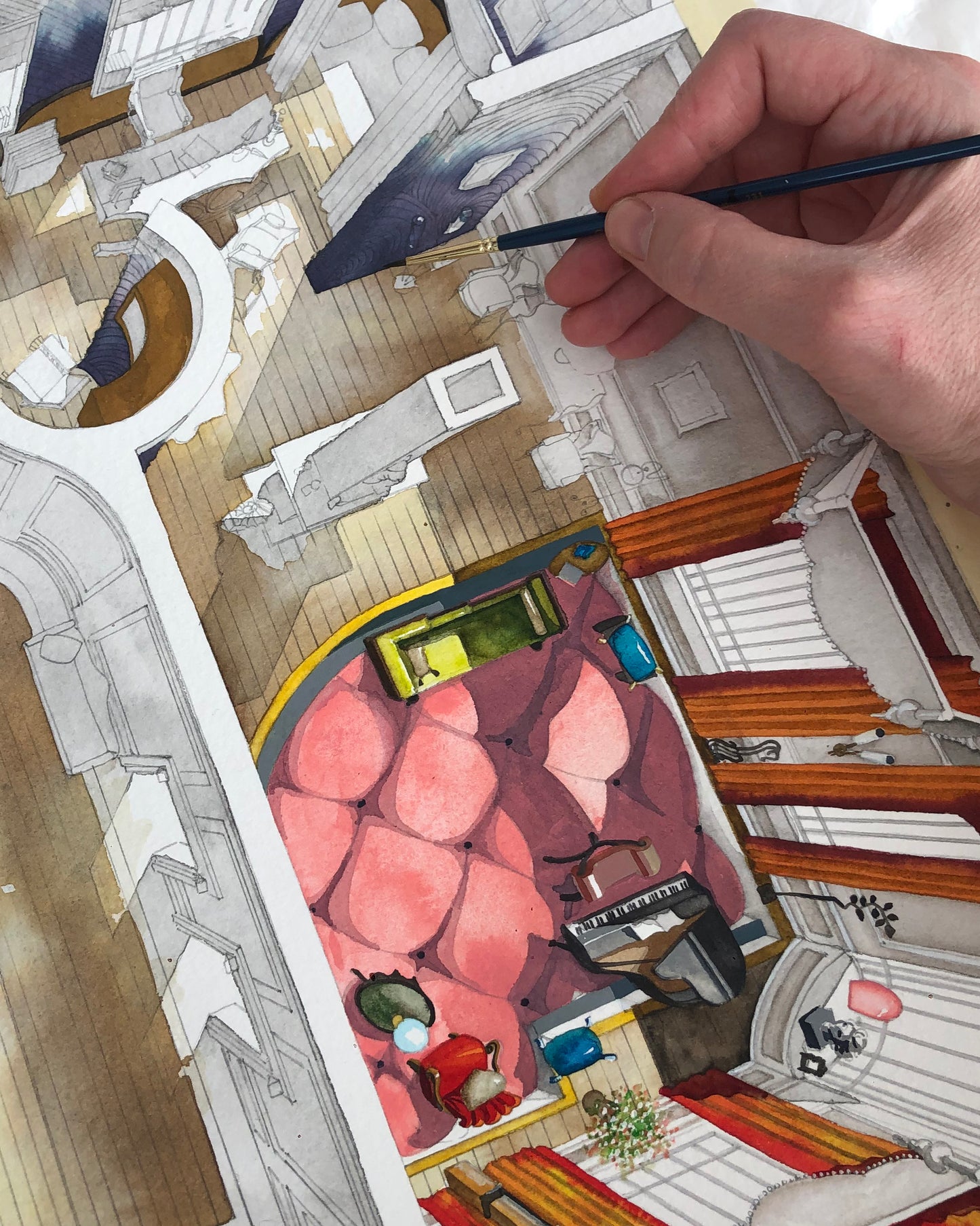 Original watercolor of the London house in POOR THINGS