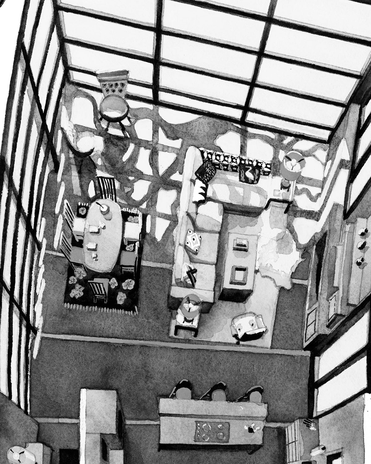 Original watercolor of the glass house in Malcolm & Marie