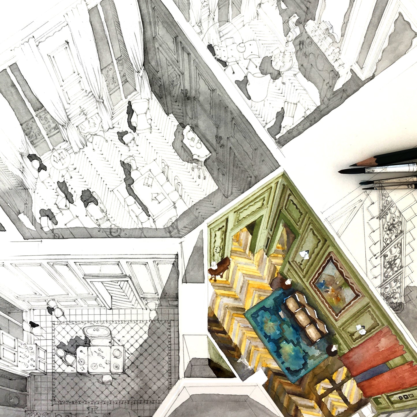 Original watercolor of the apartment in THE DREAMERS
