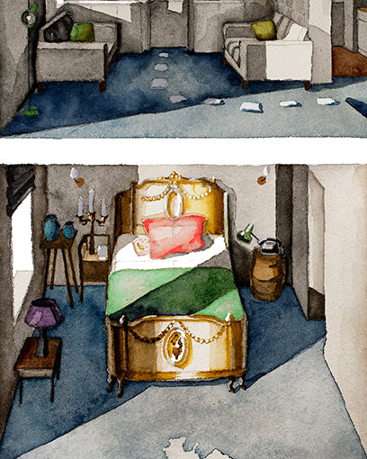 Original watercolor of the student apartment in THE SOUVENIR