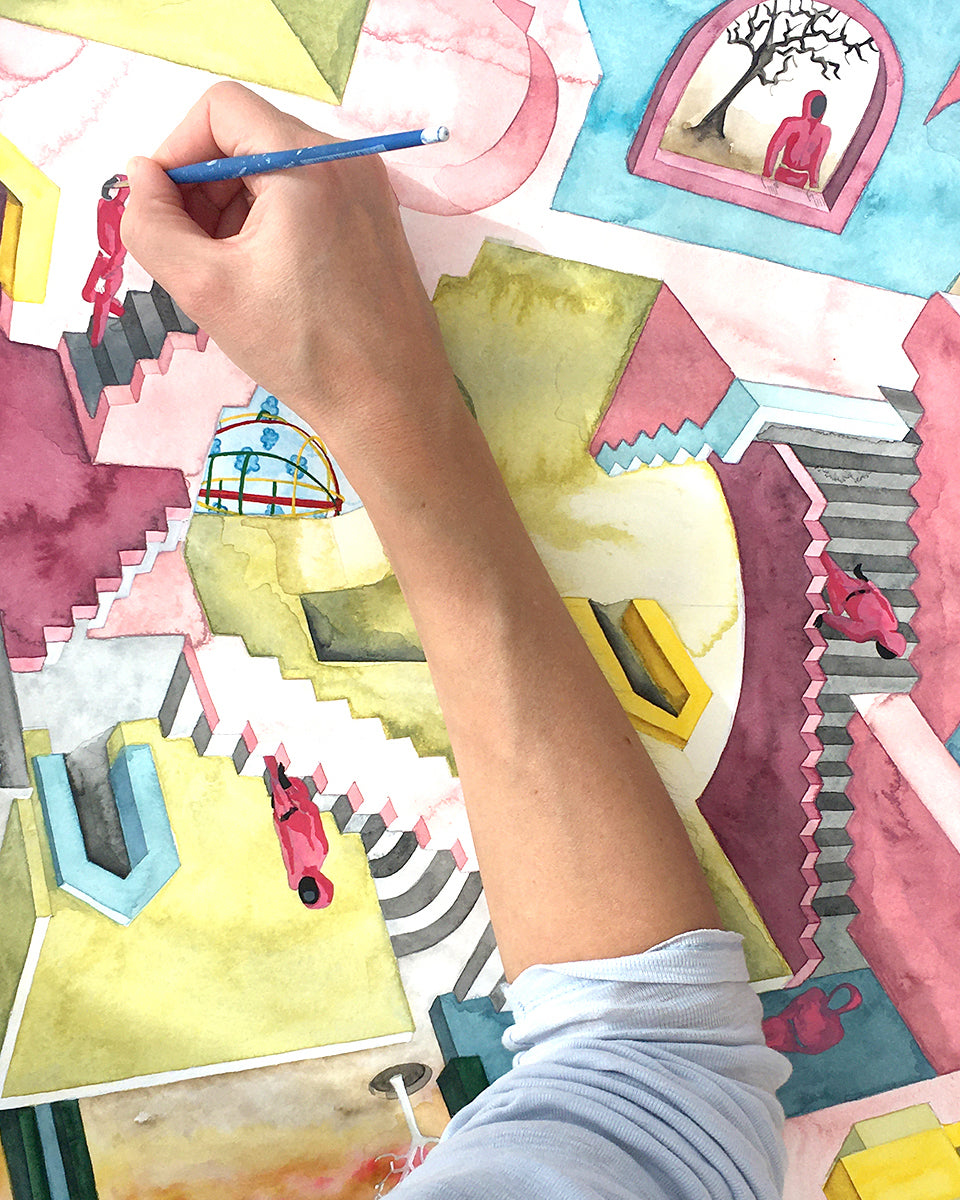 Original watercolor of the stairs labyrinth in SQUID GAME