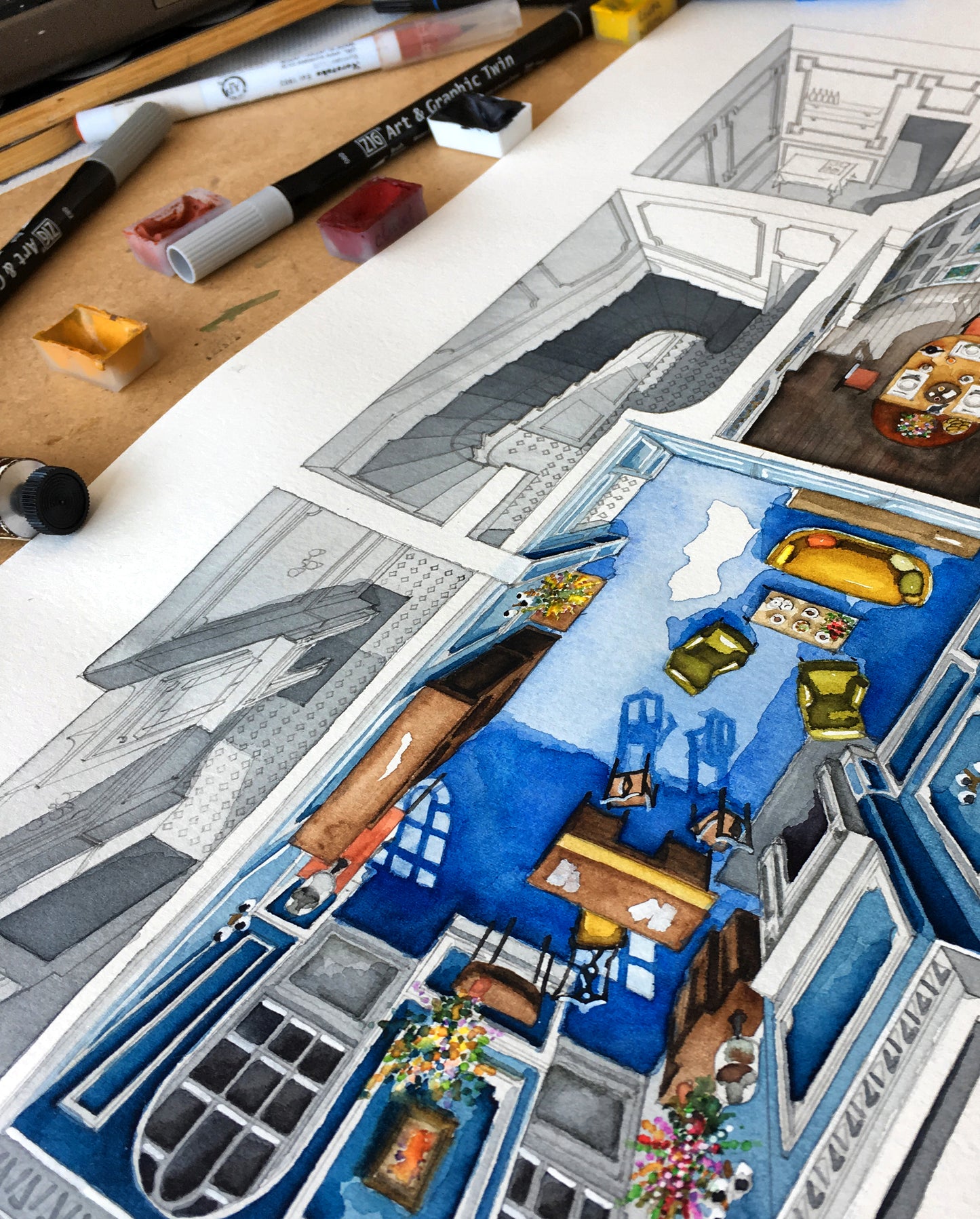 Original watercolors of the house in PHANTOM THREAD