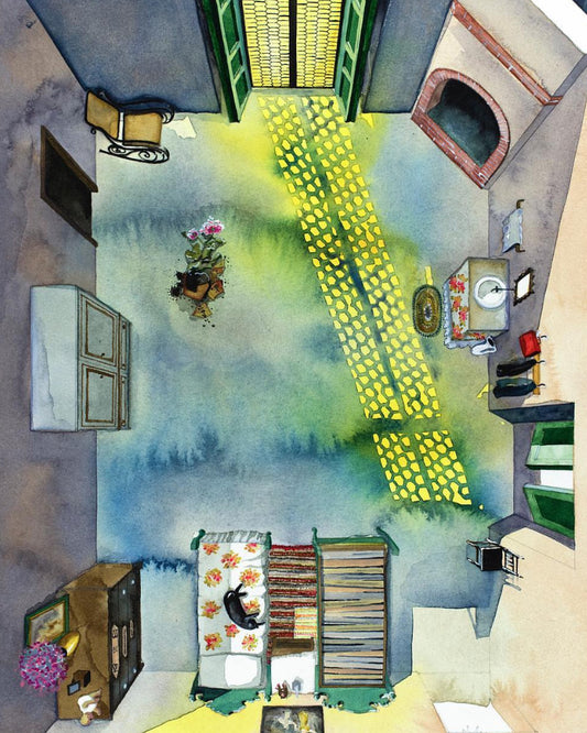 Original watercolor of the sisters' bedroom in THE SPIRIT OF THE BEEHIVE