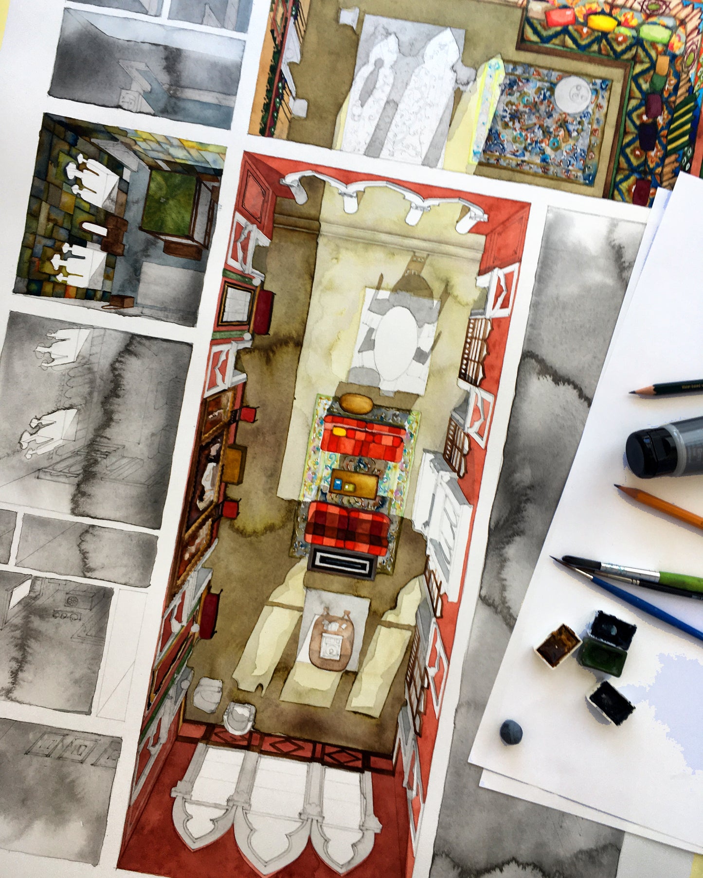 Original watercolor of the Venice apartment in COMFORT OF STRANGERS