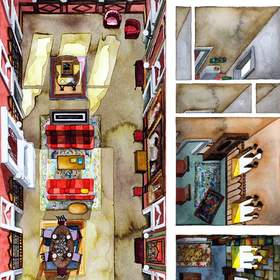 Original watercolor of the Venice apartment in COMFORT OF STRANGERS