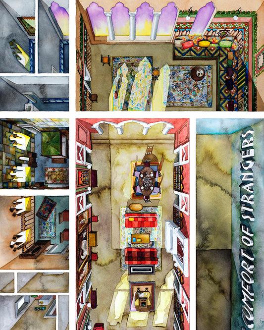 Original watercolor of the Venice apartment in COMFORT OF STRANGERS