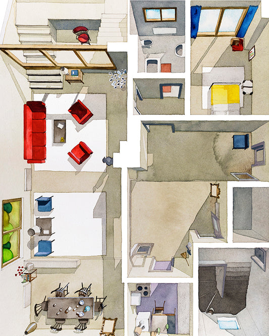 Original watercolor of the Rome apartment in CONTEMPT