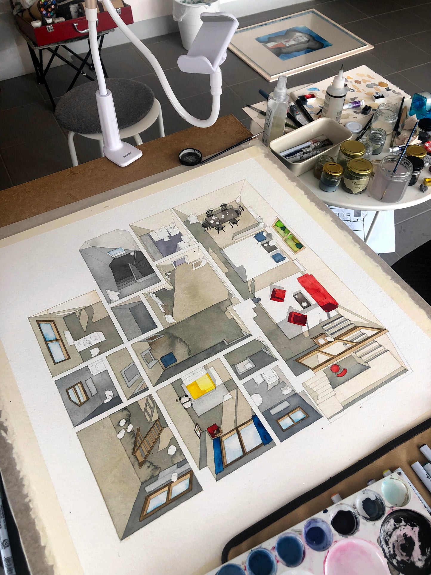 Original watercolor of the Rome apartment in CONTEMPT