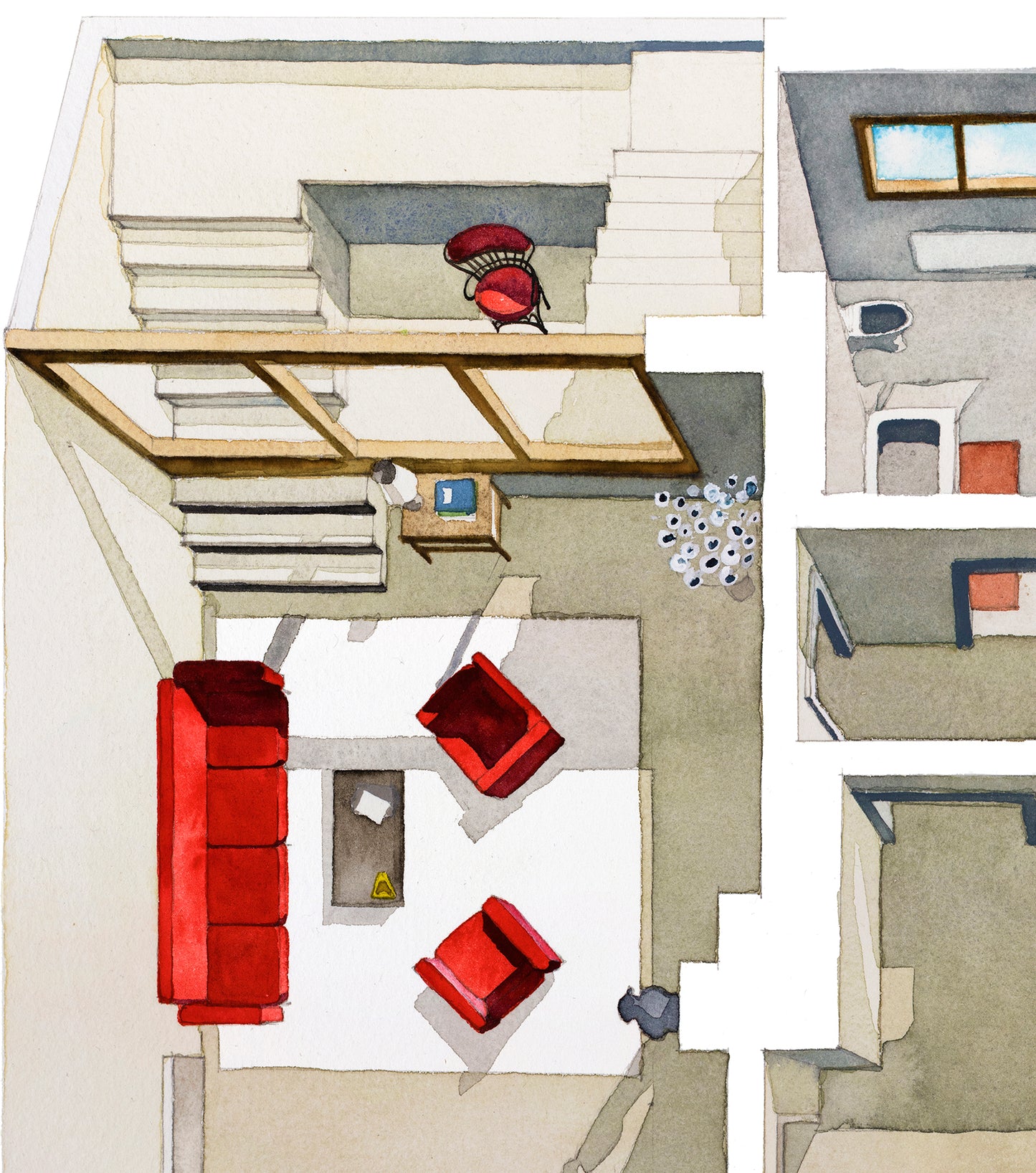 Original watercolor of the Rome apartment in CONTEMPT