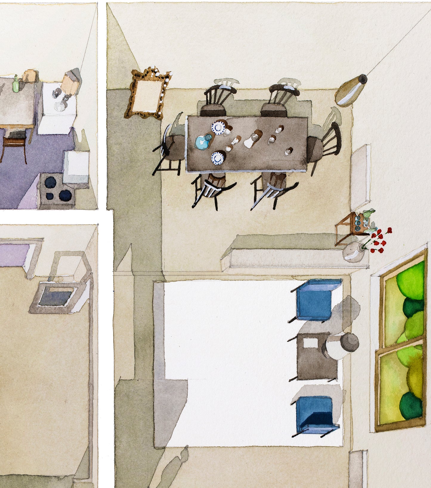 Original watercolor of the Rome apartment in CONTEMPT