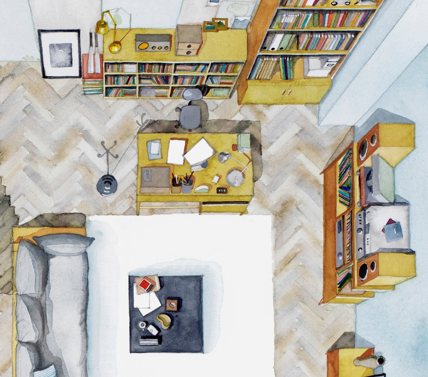 Original watercolor of the Tokyo living room in DRIVE MY CAR