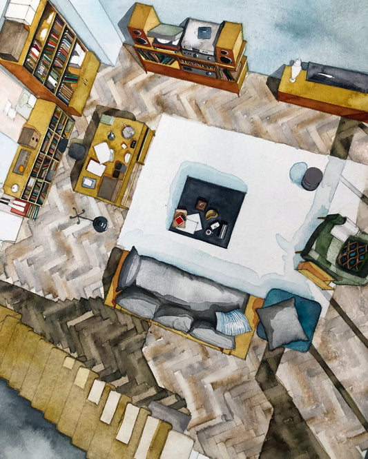 Original watercolor of the Tokyo living room in DRIVE MY CAR