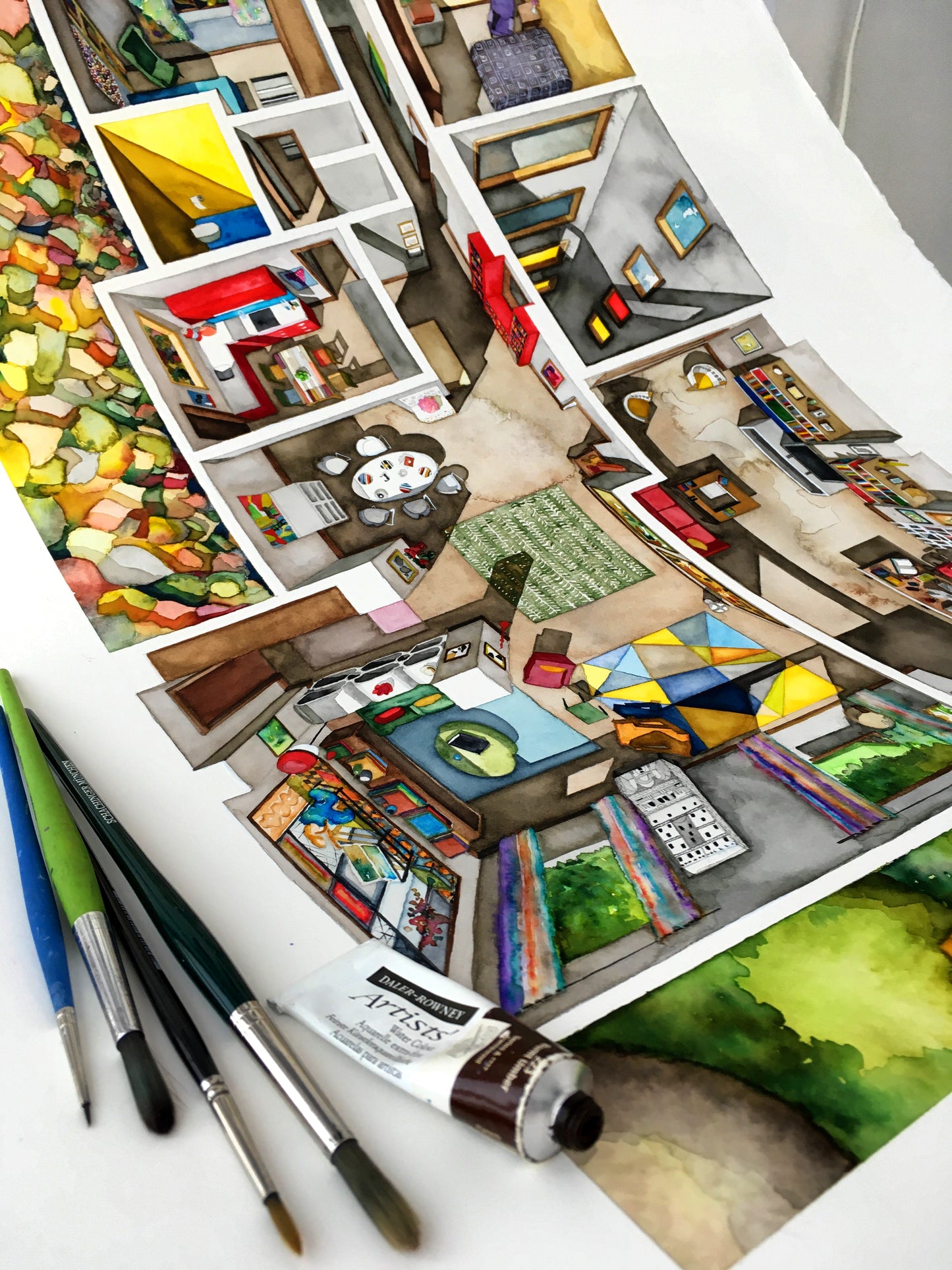 Original watercolors of the apartments in PAIN AND GLORY and THE HUMAN VOICE