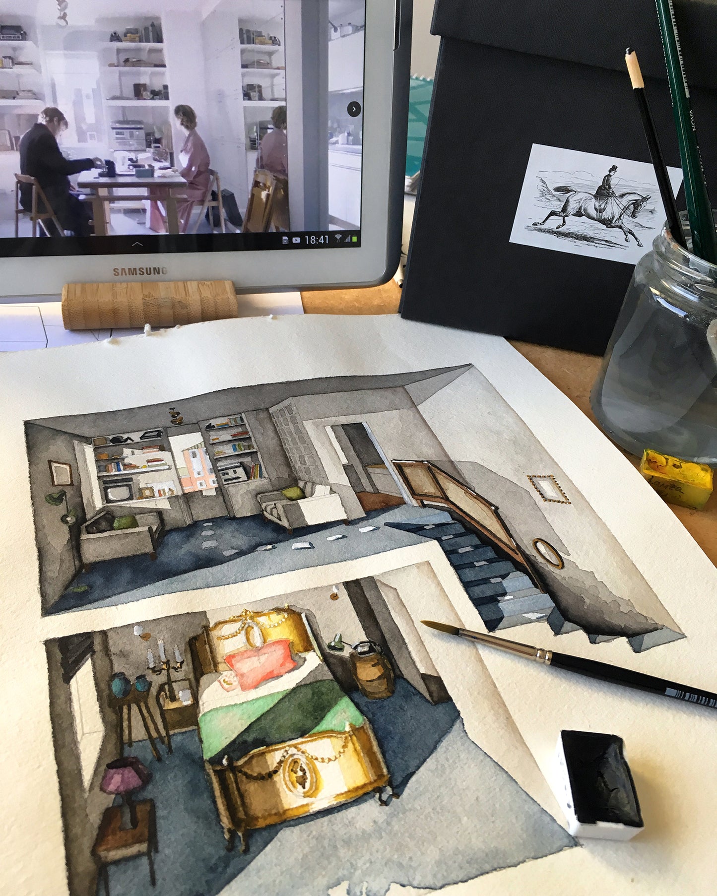 Original watercolor of the student apartment in THE SOUVENIR