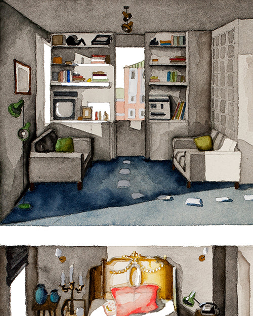 Original watercolor of the student apartment in THE SOUVENIR